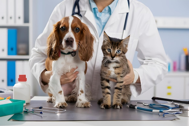 Veterinario con perro y gato usando PetID QR